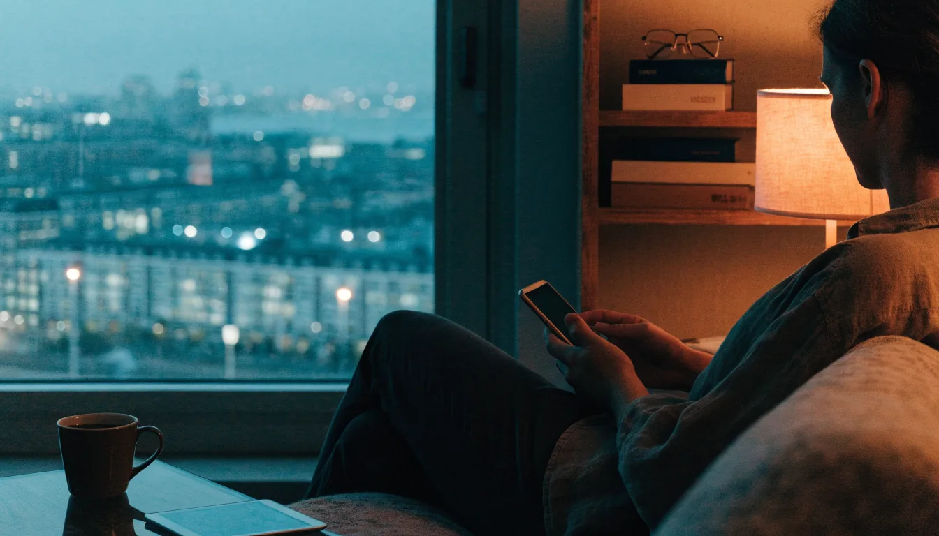 Persoon in een Amsterdamse woonkamer met een dichtgeklapte telefoon en reispapieren