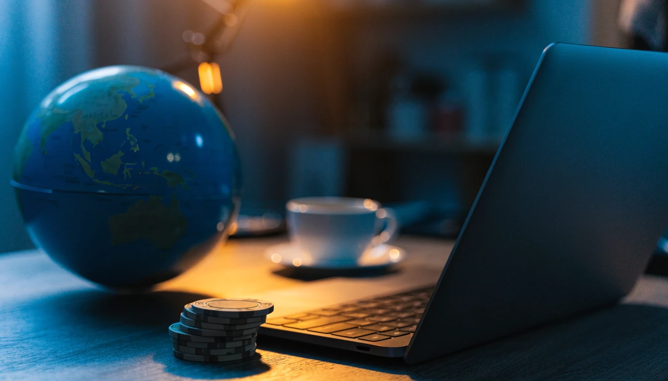 Laptop met wereldbol en casinofiches op een bureau